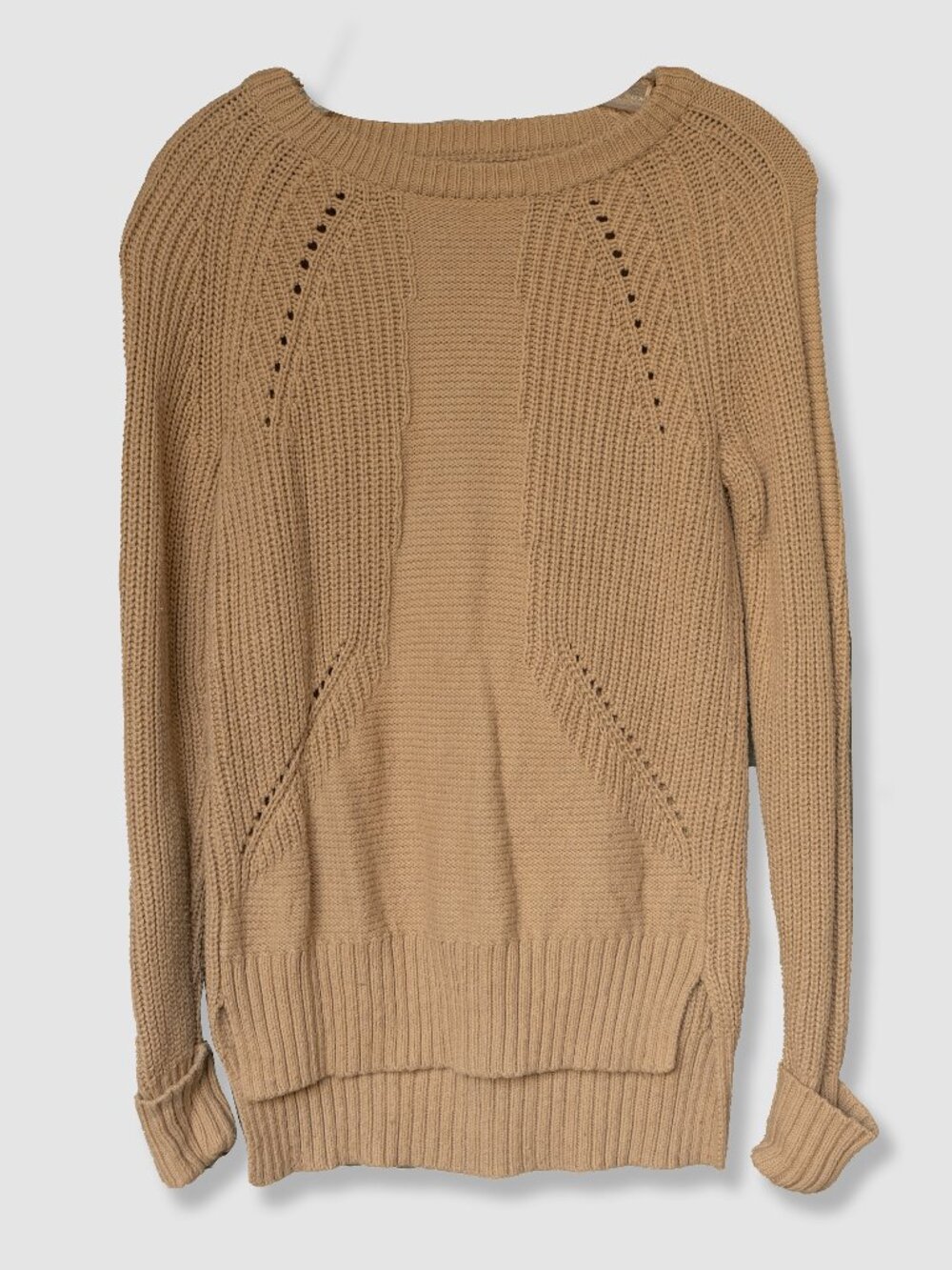 Sigrid Olsen Knit Sweater Camel Fisherman Mariner Rib Textured Wide Neck Pull On